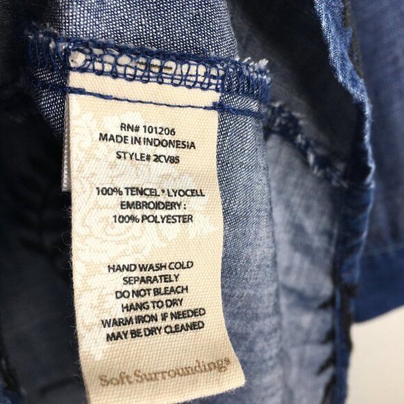 Soft Surroundings Tencel Blue Embroidered Floral Button Down Top Size M - Picture 7 of 9